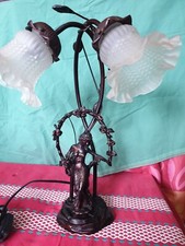 SUPERBE FEMME BRONZE LAMPE DOUBLE SUR PIED ANTIQUE AVEC SES TULIPES CERCLEES