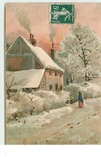 Carte Gaufrée - Bonne et Heureuse Année - Femme près d'une maison sous l - 20879