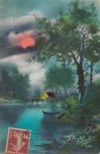 CPA Fantaisie -  bonne Année -  Maison au bord de l'eau et coucher de soleil 