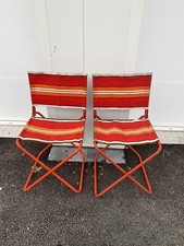 2 Fauteuils Camping Ancien Tissu Raye Orange Rouge Retro Quitch Pliant 
