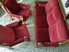 Ensemble Salon en Bois Massif et velours, Canapé 3 places et 2 Fauteuils 