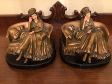 PAIR OF FINE ANTIQUE ART DECO GOLD GILT ENAMELED BOOKENDS "LADIES ON COUCH" 