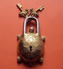 Vintage Tortue Serrure Cadenas Laiton Clés Antique Coussin Vintage Lion