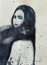 ENARA Art deco toile tableau peinture encre signée papier Chat noir Femme nue 12