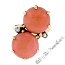 Vintage 14K or Jaune Rond 13.1mm Bouton Corail & Diamant Grand Bypass Bague