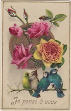 G205 ILLUSTRATION - JE PENSE A VOUS - ROSES / OISEAUX / PLATEAU EN OR - RELIEF
