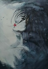 ENARA Art tableau peinture encre signée sur papier Portrait Femme "Rouge Orage"