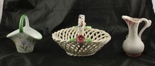 Lot of 3 Ceramic 2 Basket Planters 1 Wicker Style & Small Pitcher Or Vase  l4g1