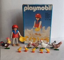 PLAYMOBIL 3595 fermière + basse-cour poules poussins coq ferme + boîte 1980