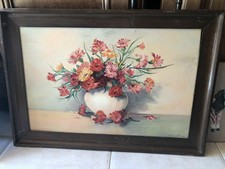 Tableau peinture HUILE NATURE MORTE Bouquet fleurs CHAMPETRES Signe a roselet