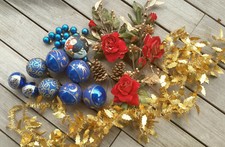BOULE Bleu Etoile doré Boule bleu père Noël ROSE Rouge Tissu POMME pin doré 
