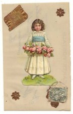 Carte Celluloïd - Chromo Fillette portant des roses sur un plateau