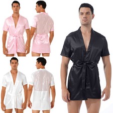 Homme Robes de Chambre Kimono Satin Dentelle Léger Peignoir Pyjama avec Ceinture