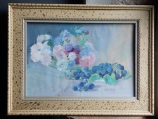 TABLEAU ancien signé Peinture Aquarelle nature morte bouquet fleurs fruits vase