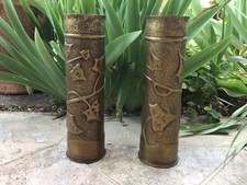 Paire Douilles Obus  Vases Laiton Décor WW1  Artisanat Tranchée Poilus 1914-1918
