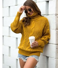 Pull chaud décontracté Chic CACHEMIRE jaune col haut manches chauve-souris ample