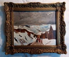 tableau huile sur bois paysage campagne personnages neige en AUVERGNE