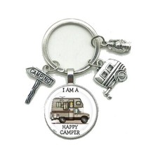 Porte-clés, Bijou de Sac imprimé camping-car, happy camper avec charms.
