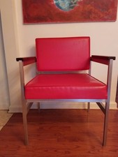 Mid Century Modern Industrial Red Vinyl Aluminum Wood Arm Rest Chair 