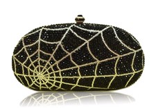 New Handmade Luxury Rhinestone Crystal Golden Spiderweb Designer Black Clutch