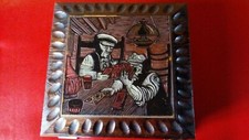Coffret coffre - scène Joueurs de cartes - bois massif sculpté - art populaire