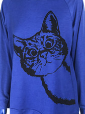 T-shirt Manches Longues Femme Bleu Motif Chat Col Rond Bateau Tee Shirt Taille M