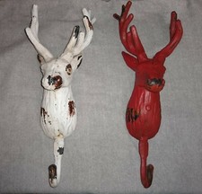 2 Cast Iron DEER HEAD Wall Coat Hat Key Towel Hooks Rustic Cabin Hunter 12" tall