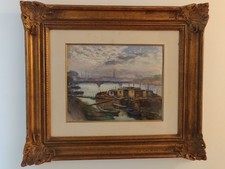 PIERRE FOREST GOUACHE LA SEINE A PARIS TABLEAU TOUR EIFFEL XXème PENICHE