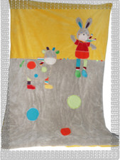 B - Couverture Dessus de Lit Lapin Vache Jaune Taupe Mots d'Enfants 82 x 127 cm 
