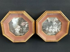 2 Vintage Octagon Framed Prints Art Courting Couple Wood Fragonard ART LORE Set