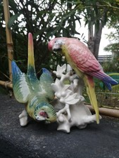 Rare! Couple De Perruches en Porcelaine Allemande de Saxe signé Karl ENS XXe 