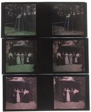 3 PHOTOS Plaques Autochrome Stéroscopiques verre 4,5x10,7cm Femmes Enfant c.1910