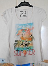 T-shirt Femme - T0 (34) - Cache Cache - jaune pale, dessins chat, perles