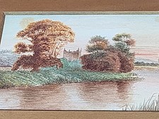 Tableau ancien Aquarelle . Paysage: bord de rivière . Peinture sur papier. 