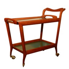  ICO PARISI ( ATTRIBUE A ) TABLE ROULANTE EN BOIS FRUITIER ET VERRE BLEUTE, ITAL