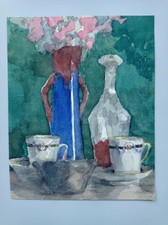 ANCIENNE AQUARELLE PAPIER SIGNÉE NATURE MORTE TASSES CARAFE VASE ET FLEURS