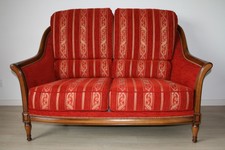 1 canapé + 2 fauteuils ossature hêtre massif teinte merisier doré, tissus rouge