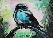 FLORENCE SO Art deco tableau peinture encre signé sur papier 21x29,7 Oiseau bleu