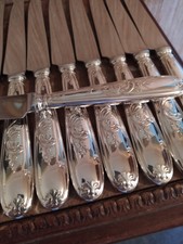 12 Couteaux de Table Décor Floral et Feuillages Métal Argenté 