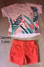 CATIMINI 5 Ans Fille : T SHIRT ROSE MOTIF TROPICAL + SHORT ORANGE  TBE
