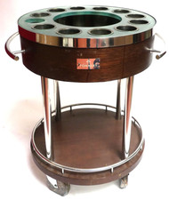 Chariot à champagne en bois de placage, métal et verre, sur roulettes