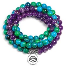 Collier sautoir chrysocolle  améthyste Gde Longueur, pendentif, bracelet mala