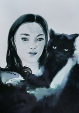 ENARA Art deco toile tableau peinture encre signée papier Chat noir Femme nue 3