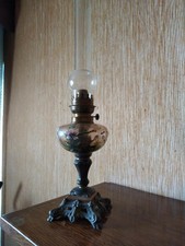 Grande lampe à pétrole Ancienne Émaillée Fleurs roses Décorées