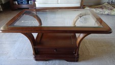 table basse bois avec plateau verre et tiroir traversant ht 46 cms long 100 x60