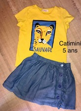 CATIMINI 5 Ans Fille : T SHIRT SAUVAGE MOTIF TIGRE+ JUPE BLEU JEAN   TBE