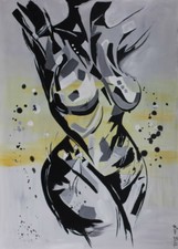tableau art contemporain,moderne,peinture,modèle unique,abstrait,nu, noir,jaune