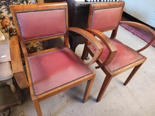 2 Anciennes Chaises, Fauteuils type Bridge en bois et cuir