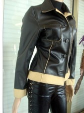 VESTE SIMILI CUIR NOIRE FOURRURE BEIGE NEUVE T 36/38 TRES JOLIE & TENDANCE 2012