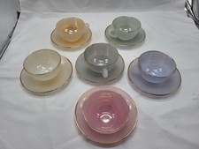6 Tasses et sous tasse  à Café Arcopal arlequin nacré bords dorés 6 couleur TBE